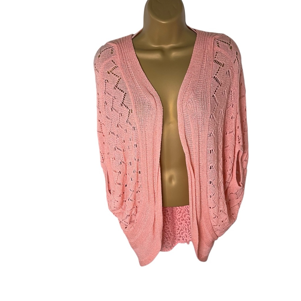 NY Collection Open Cardigan Lace Back Dolman Short Sleeve Coral S
